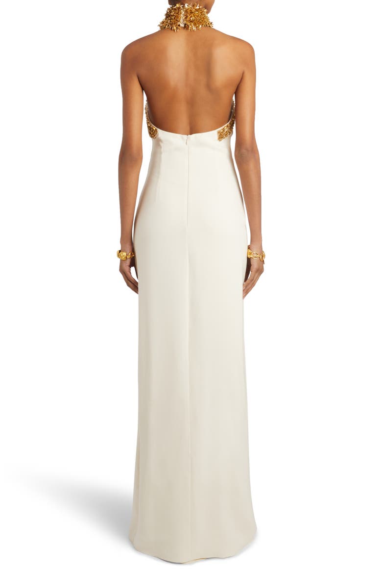Beaded Fringe Halter Gown, Alternate, color, GOLD/ ECRU