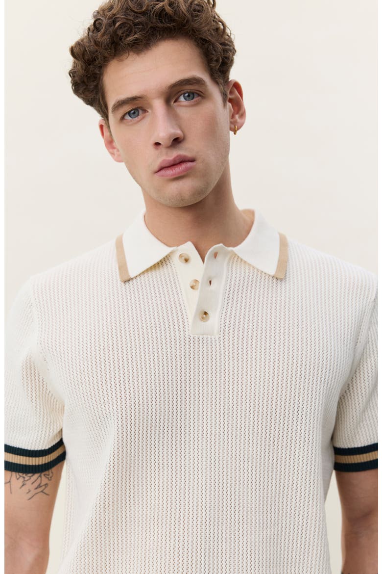 Openwork Cotton Polo Sweater, Alternate, color, EGGNOG WHITE