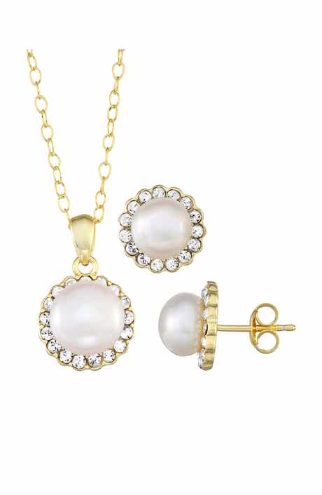 Freshwater Pearl & Crystal Pendant Necklace & Earrings Set