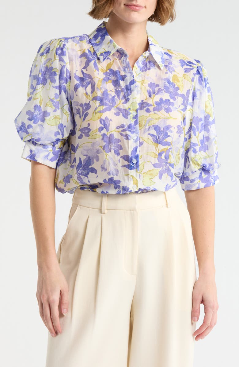 Vince Camuto Floral Puff Sleeve Button-Up Shirt, Main, color, Blue Iris