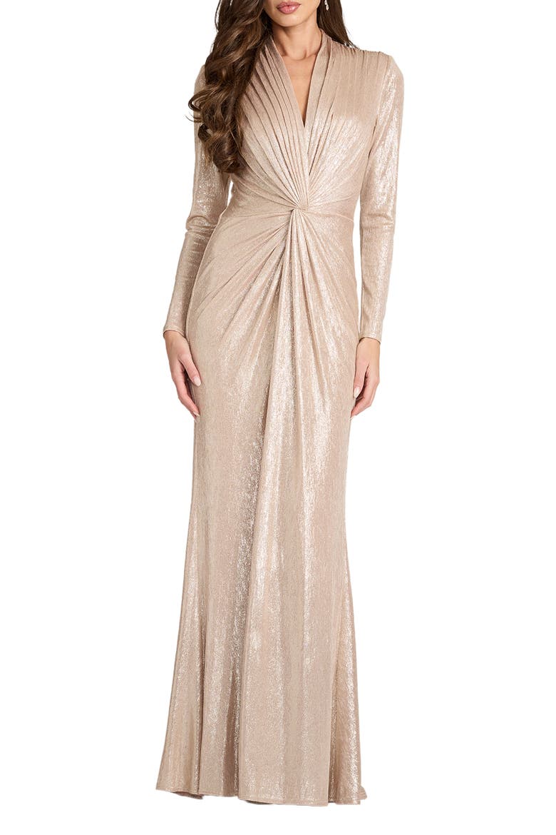 Metallic Long Sleeve Liquid Jersey Gown, Main, color, PEBBLE