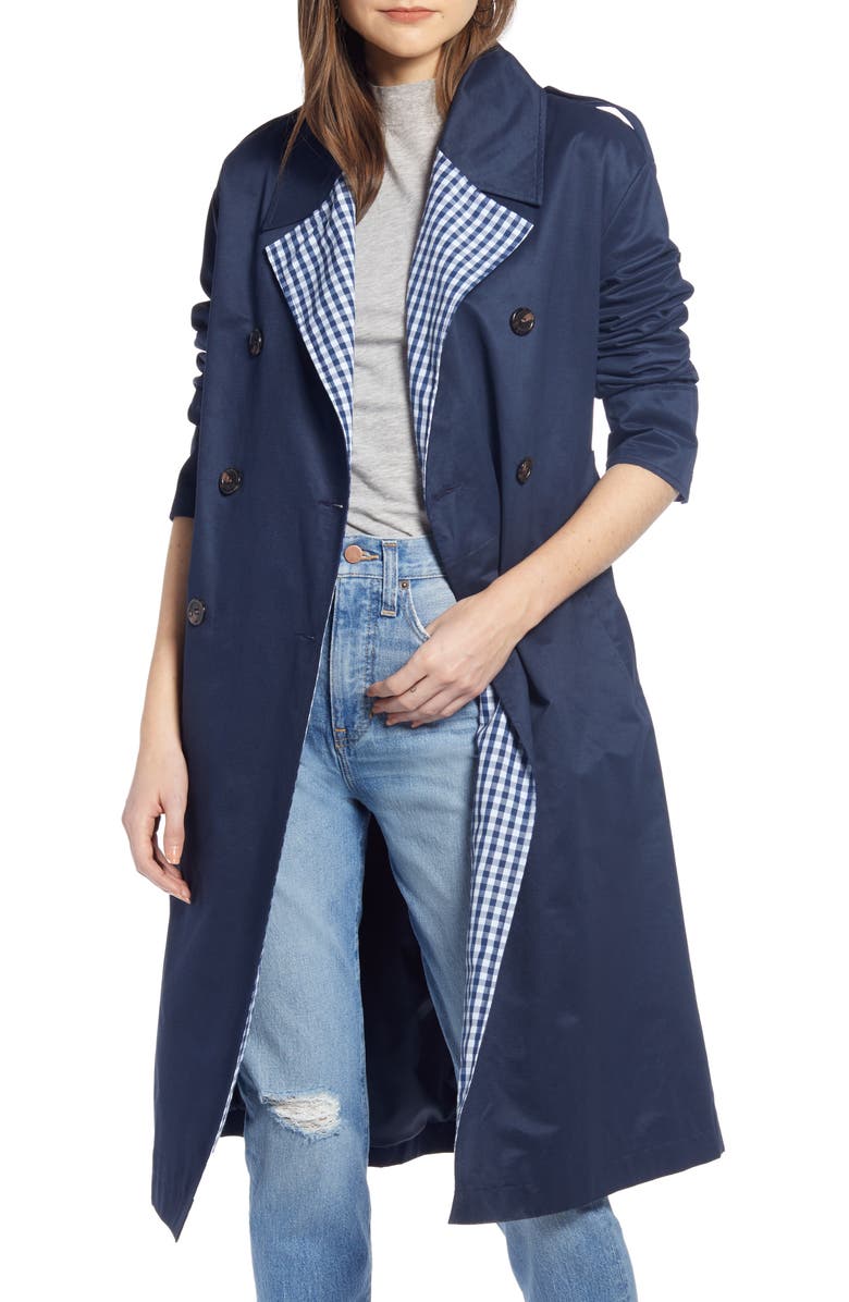 Something Navy Contrast Trim Trench Coat, Main, color, 