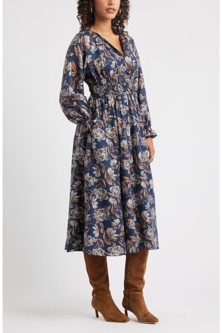Long Sleeve Smocked Waist Midi Dress, Alternate, color, NAVY- GREEN FRANNIE FLORAL