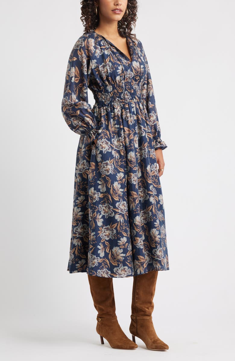Chelsea28 Long Sleeve Smocked Waist Midi Dress, Alternate, color, Navy- Green Frannie Floral