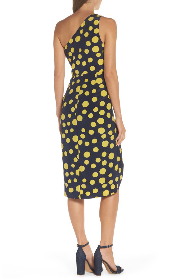 Polka Dot One-Shoulder Silk Dress, Alternate, color, NAVY