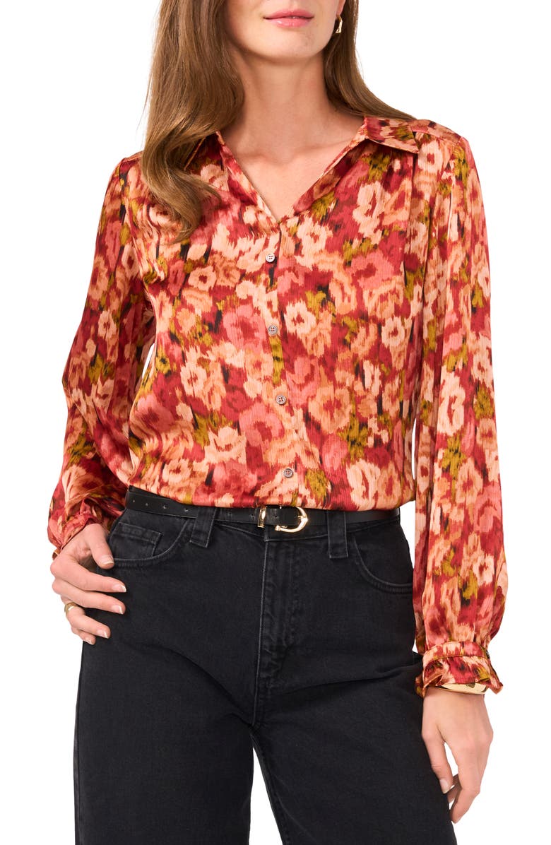 Vince Camuto Blurred Floral Yoryu Button-Up Shirt, Main, color, Rose Clay