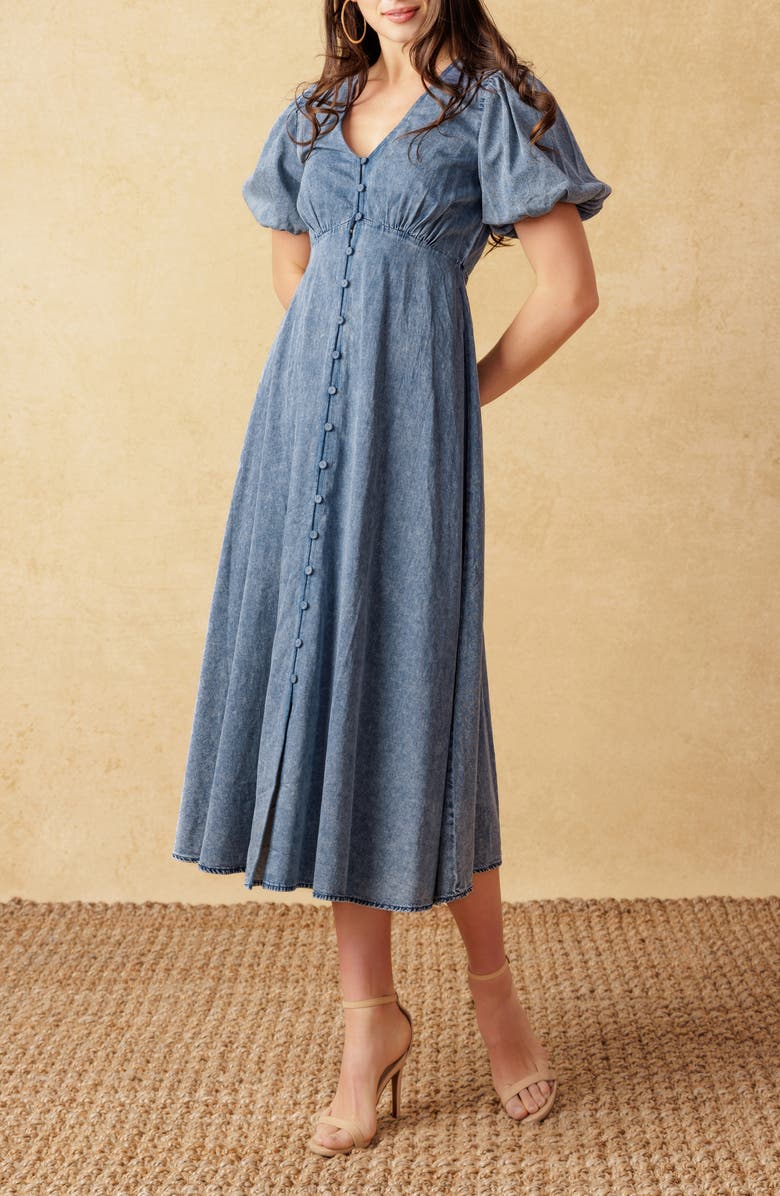 FLYING TOMATO Acid Wash Denim Midi Dress, Alternate, color, 