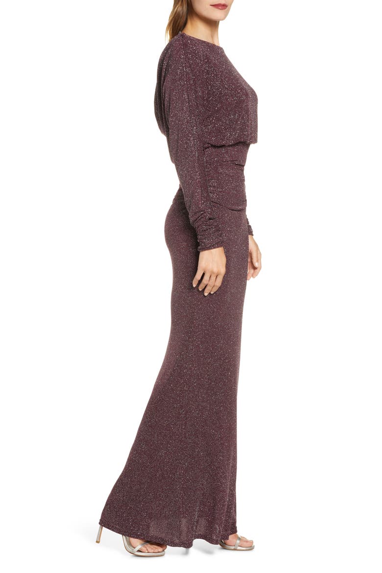 Cowl Back Metallic Long Sleeve Gown, Alternate, color, PLUM