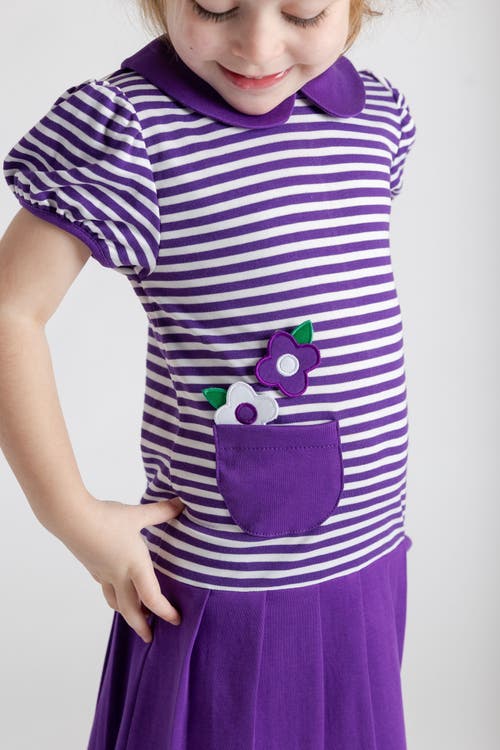 Florence Eiseman Stripe Knit Pleated Dress With Flowers In Purple