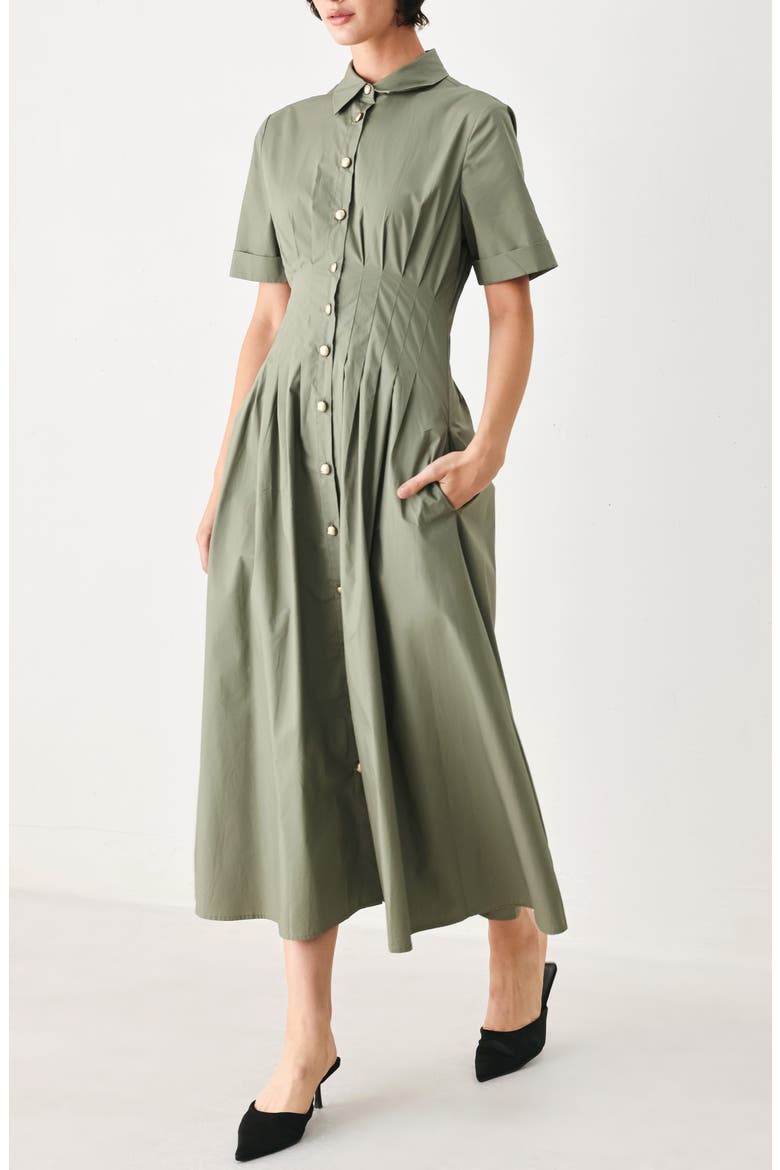 Pleated Cotton Shirtdress, Alternate, color, OLIVE