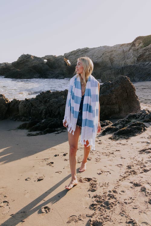 Infusezen Marine Striped Organic Turkish Towel With Soft Terry Cloth Lining