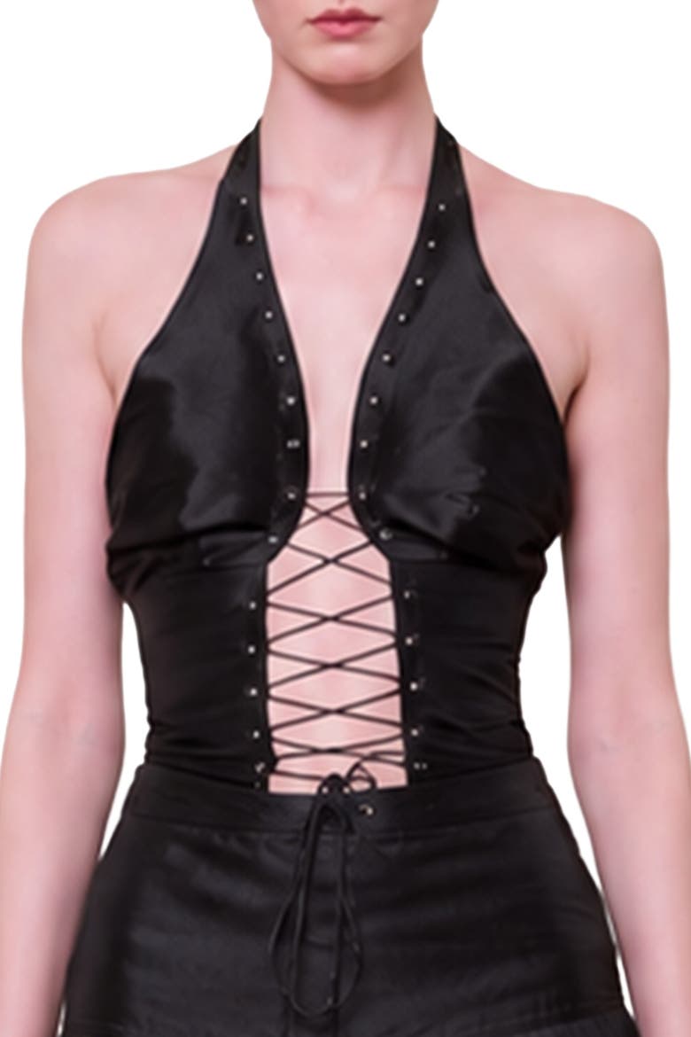 The Party Edit Crisscross Neck Lace Up Top, Alternate, color, BLACK