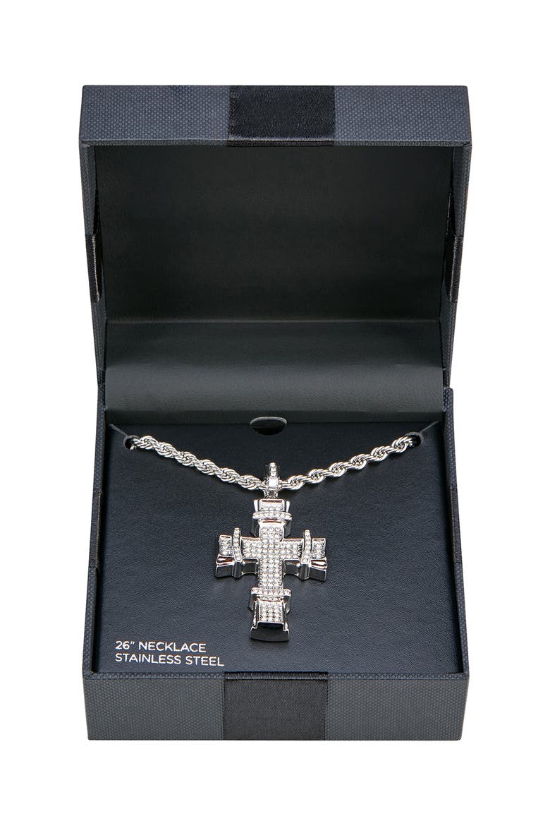 Men's Stainless Steel Pavé Crystal Cross Pendant Necklace, Main, color, SILVER