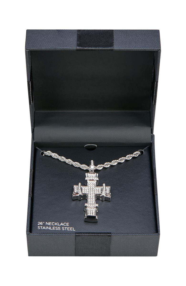AMERICAN EXCHANGE Men's Stainless Steel Pavé Crystal Cross Pendant Necklace, Alternate, color, Silver