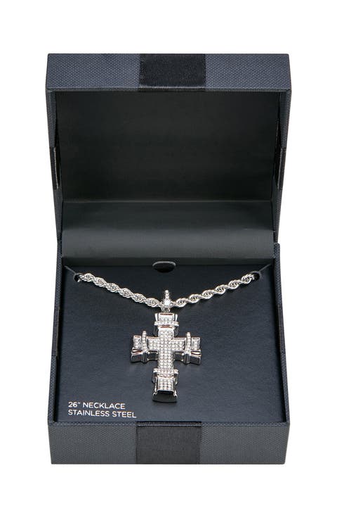 Men's Stainless Steel Pavé Crystal Cross Pendant Necklace