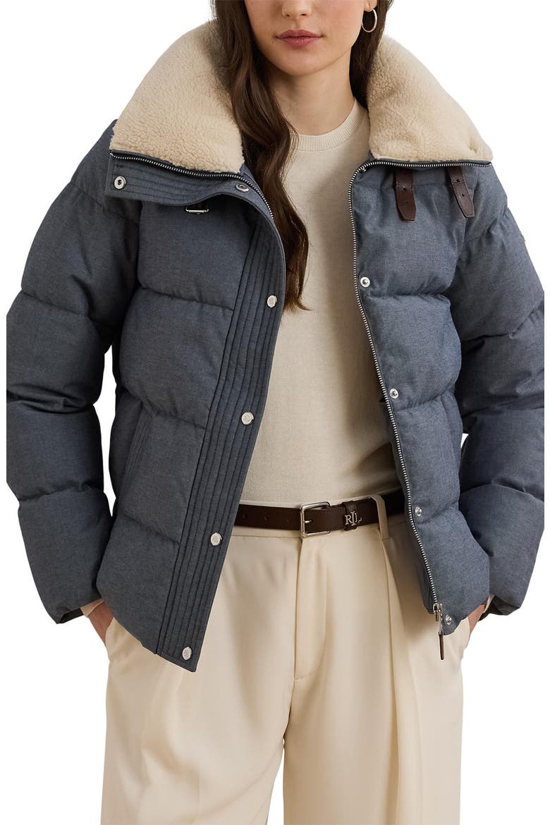 Chambray Puffer Jacket with Faux Shearling Collar, Main, color, DARK BLUE CHAMBRAY