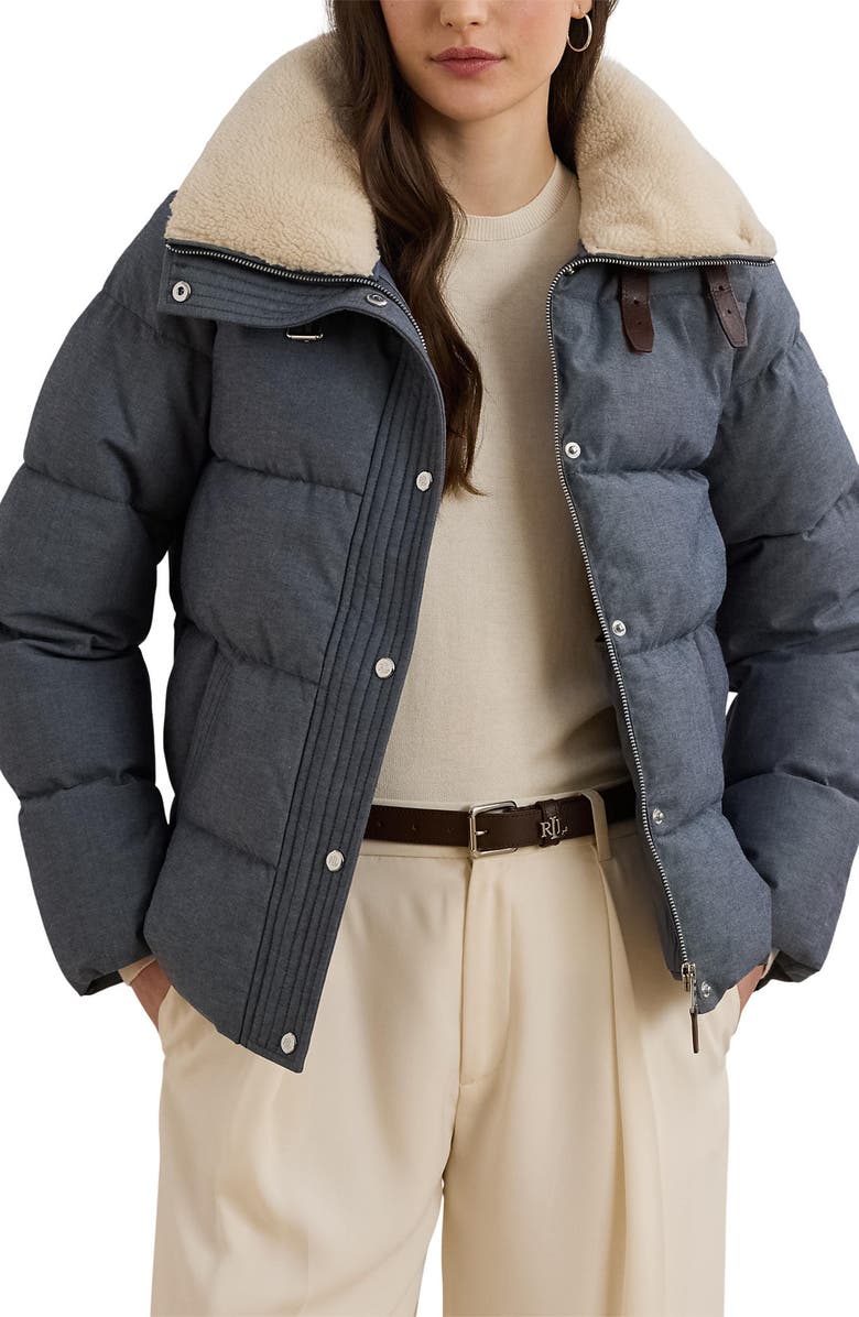 Lauren Ralph Lauren Chambray Puffer Jacket with Faux Shearling Collar, Main, color, 