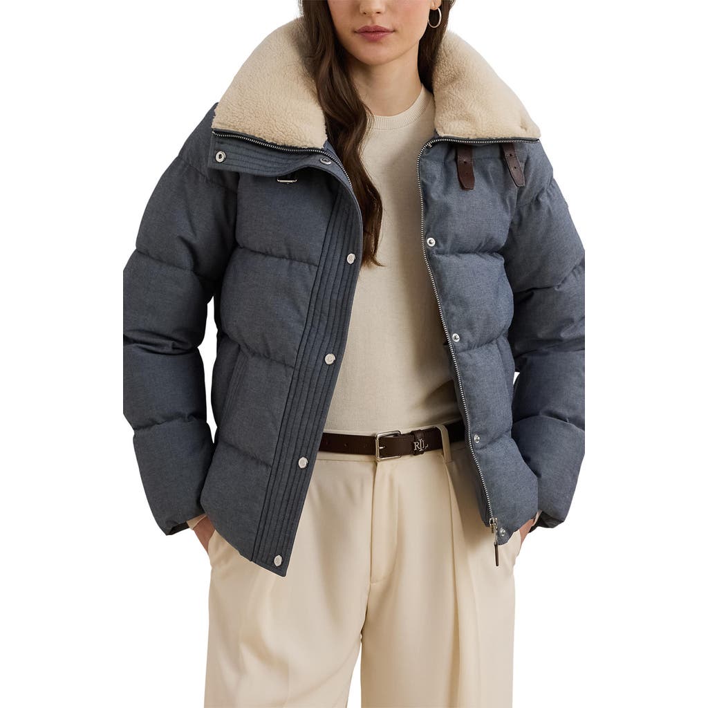 Ralph Lauren Lauren Chambray Puffer Jacket With Faux Shearling Collar In Black