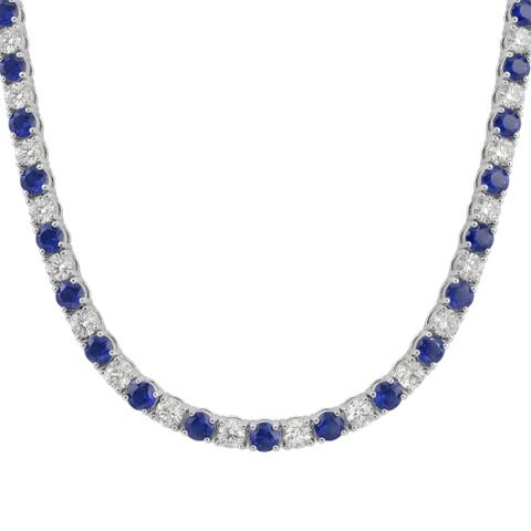 30Ct Blue Sapphire & Diamond Tennis Necklace 14k Gold 16.5" Lab Grown
