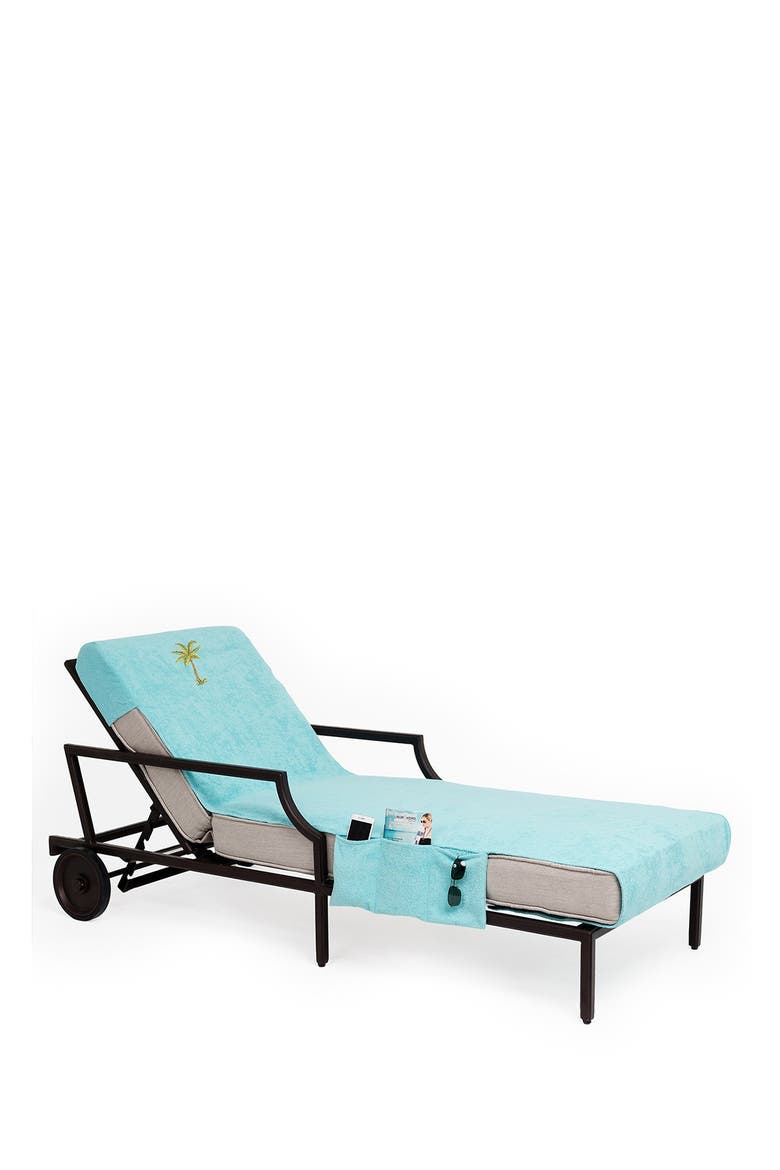 100% Turkish Cotton Palm Tree Embroidered Standard Size Chaise Lounge Cover With Side Pockets - Aqua, Alternate, color, AQUA
