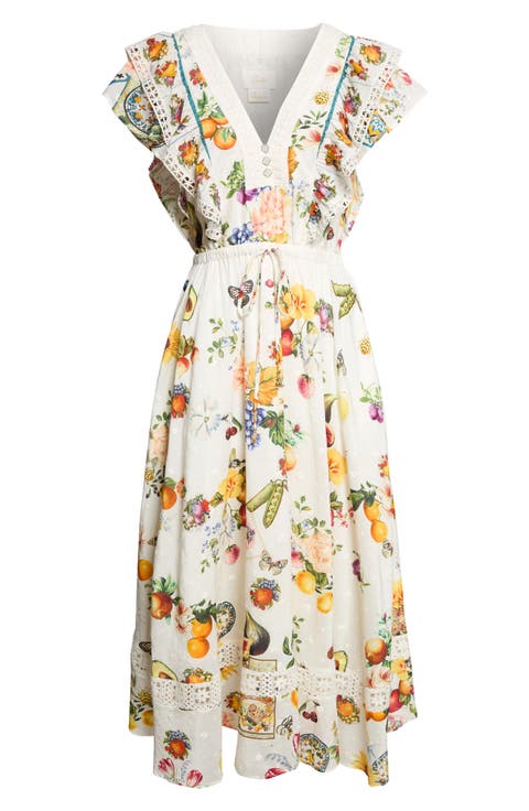 Magic of the Mercado Print Flutter Sleeve Cotton & Silk Dress