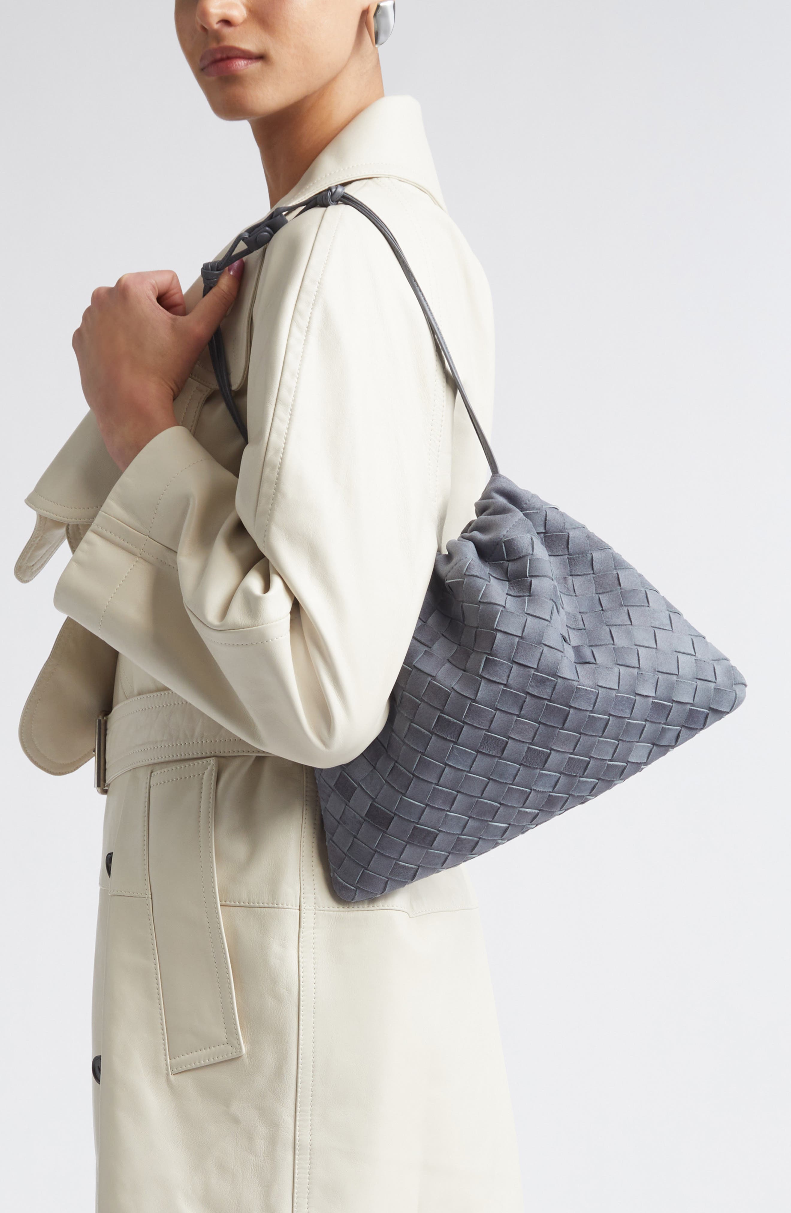 Bottega Veneta Large Dustbag Intrecciato Suede Shoulder Bag, Alternate, color, 4545 Cloudy Ind-Mb