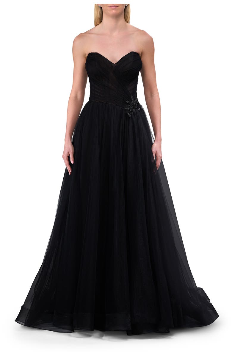 La Femme Strapless A-line Tulle Dress with Floral Waist Detail, Main, color, Black