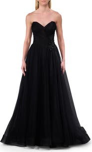 La Femme Strapless A-line Tulle Dress with Floral Waist Detail