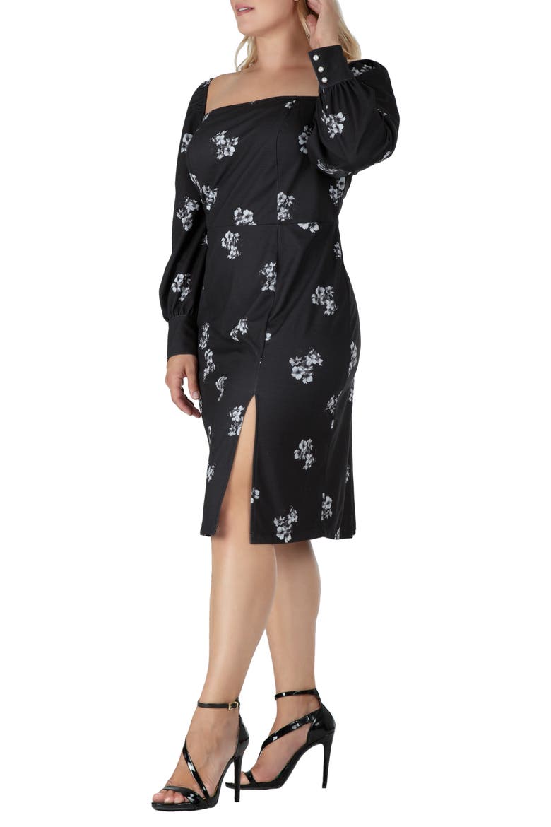 Floral Ruched Long Sleeve Dress, Alternate, color, BLACK WHITE SAKURA