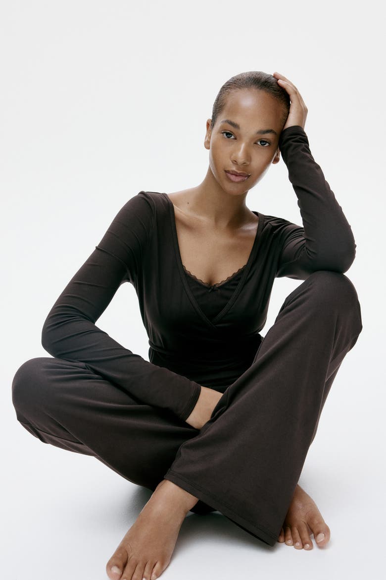 Flared Brushed Jersey Trousers, Alternate, color, Dark brown