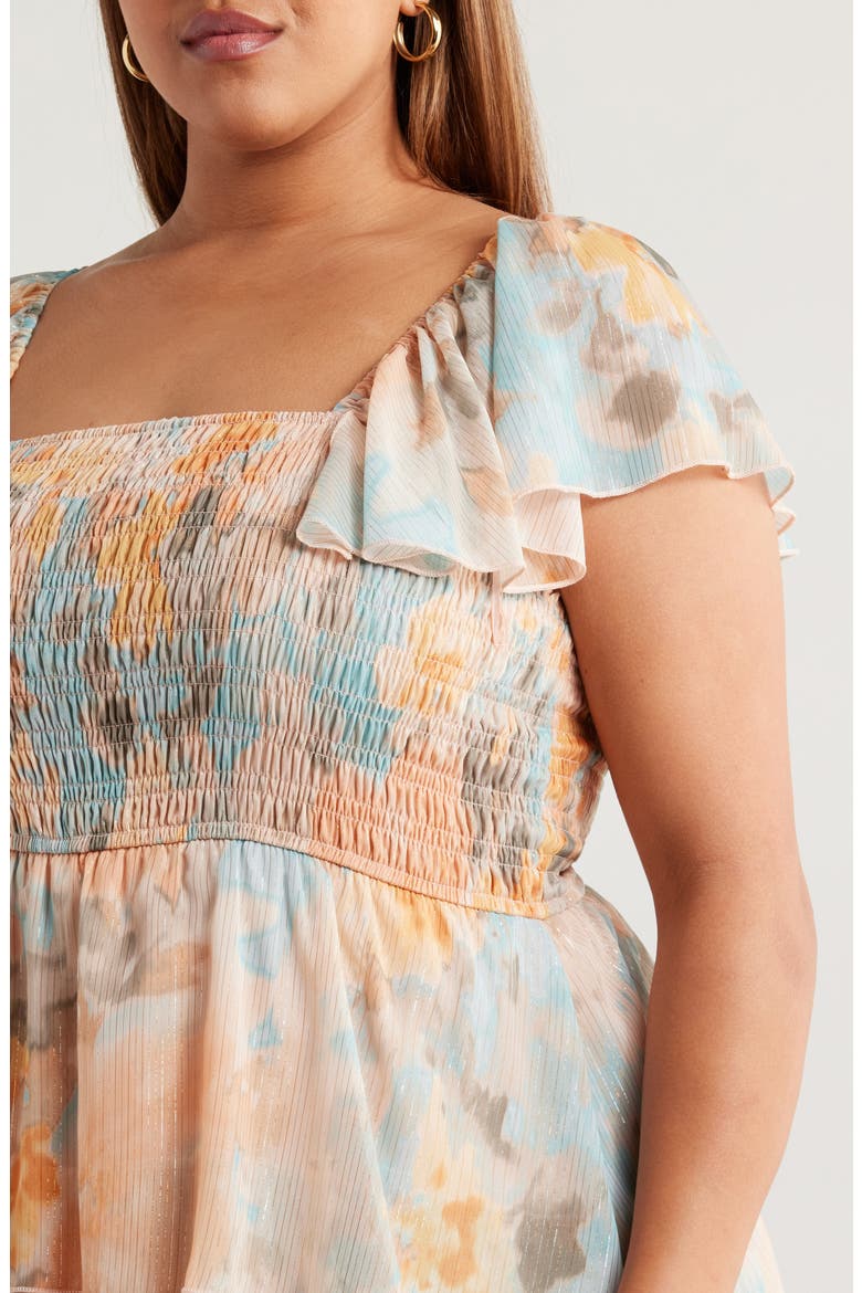 Smocked Bodice Metallic Tiered Maxi Dress, Alternate, color, PEACH/ AQUA