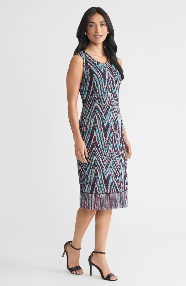 Ming Wang Lurex Fringe Trim Jacquard Knit Sheath Dress, Alternate, color, Midnight Violet/Nebula