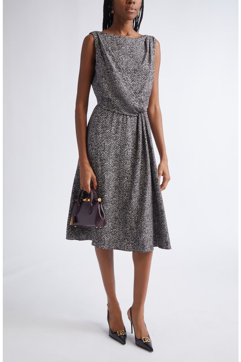 Herringbone Print Draped Crepe Cocktail Dress, Main, color, HH5QS CHEVRON BCO/ NERO