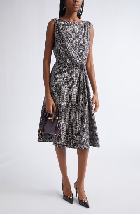 Herringbone Print Draped Crepe Cocktail Dress