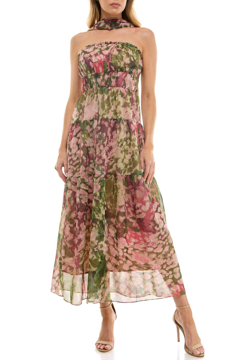 Socialite Metallic Floral Strapless Dress & Scarf Set, Main, color, Olive/ Pink