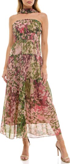 Metallic Floral Strapless Dress & Scarf Set