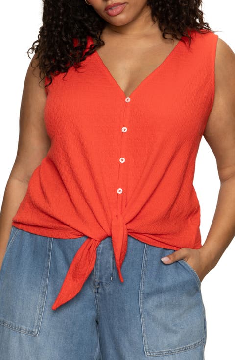 Vacation Textured Tie Front Button-Up Tank (Plus)