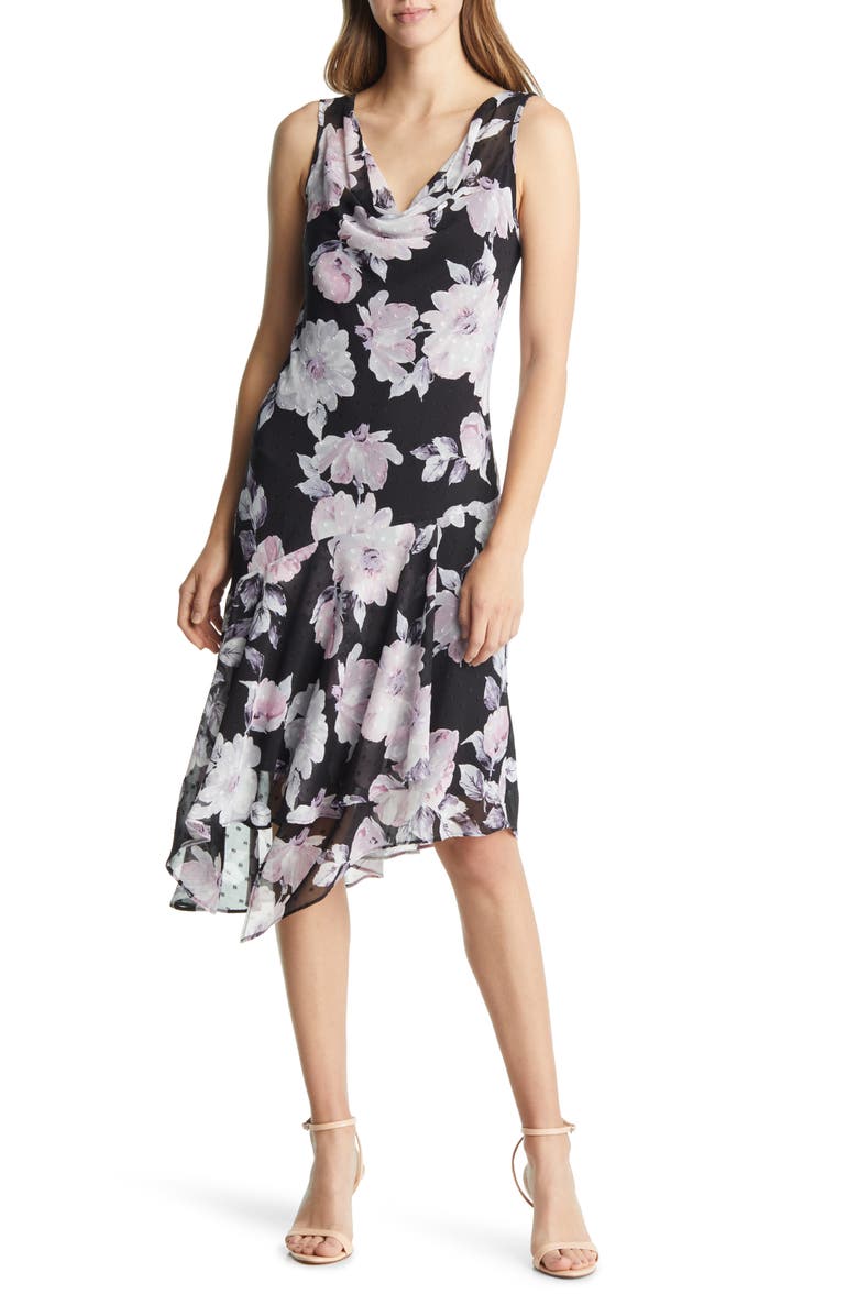 Connected Apparel Swiss Dot Floral Asymmetric Chiffon Midi Dress, Main, color, 