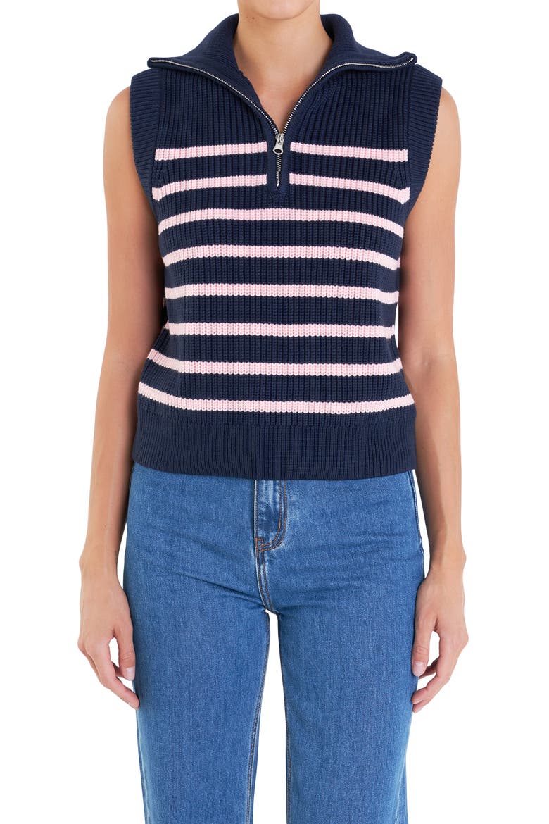 Stripe Sleeveless Quarter Zip Sweater, Alternate, color, NAVY/ PINK
