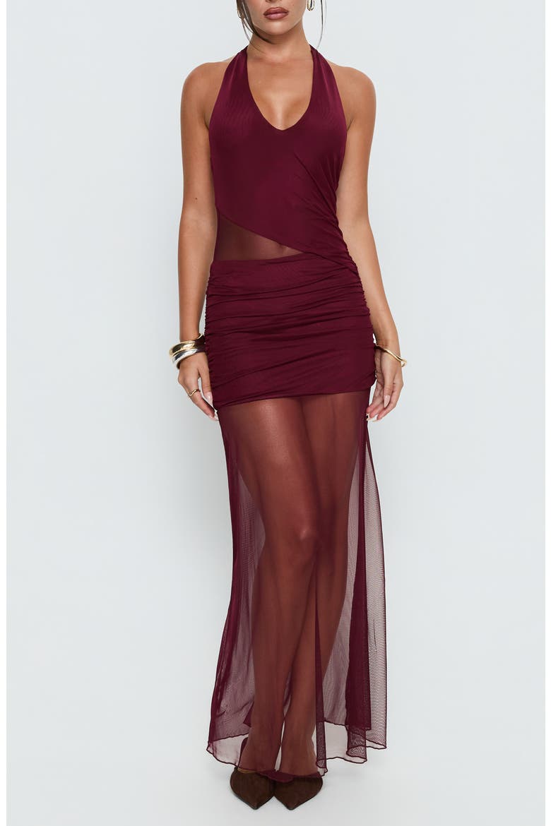 Desta Halter Sheer Maxi Dress, Main, color, BURGUNDY