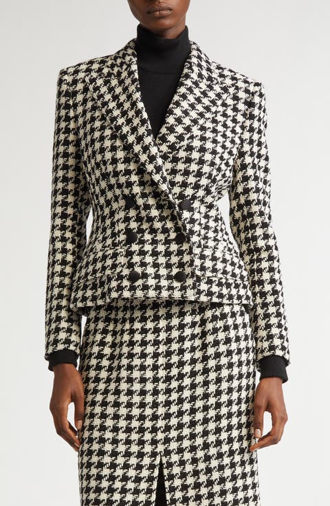 Macro Houndstooth Double Breasted Wool & Cotton Blazer