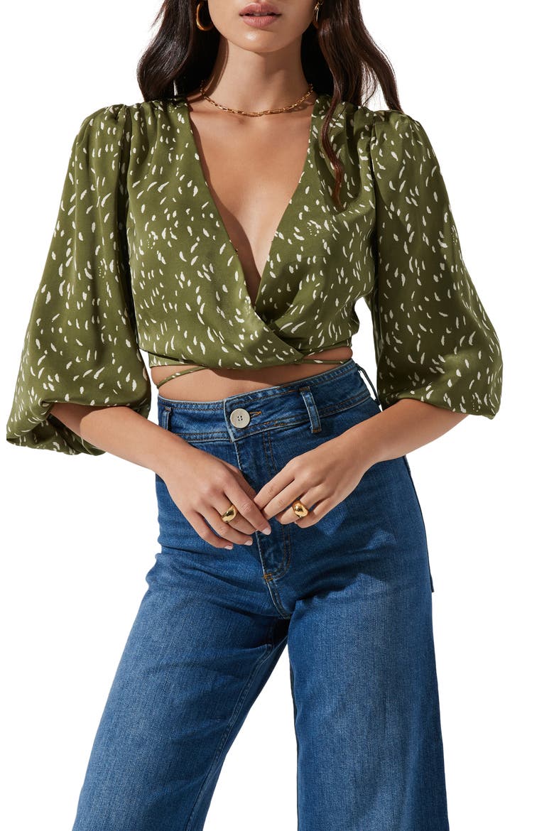 Wrap Front Cutout Top, Main, color, GREEN FLECKS