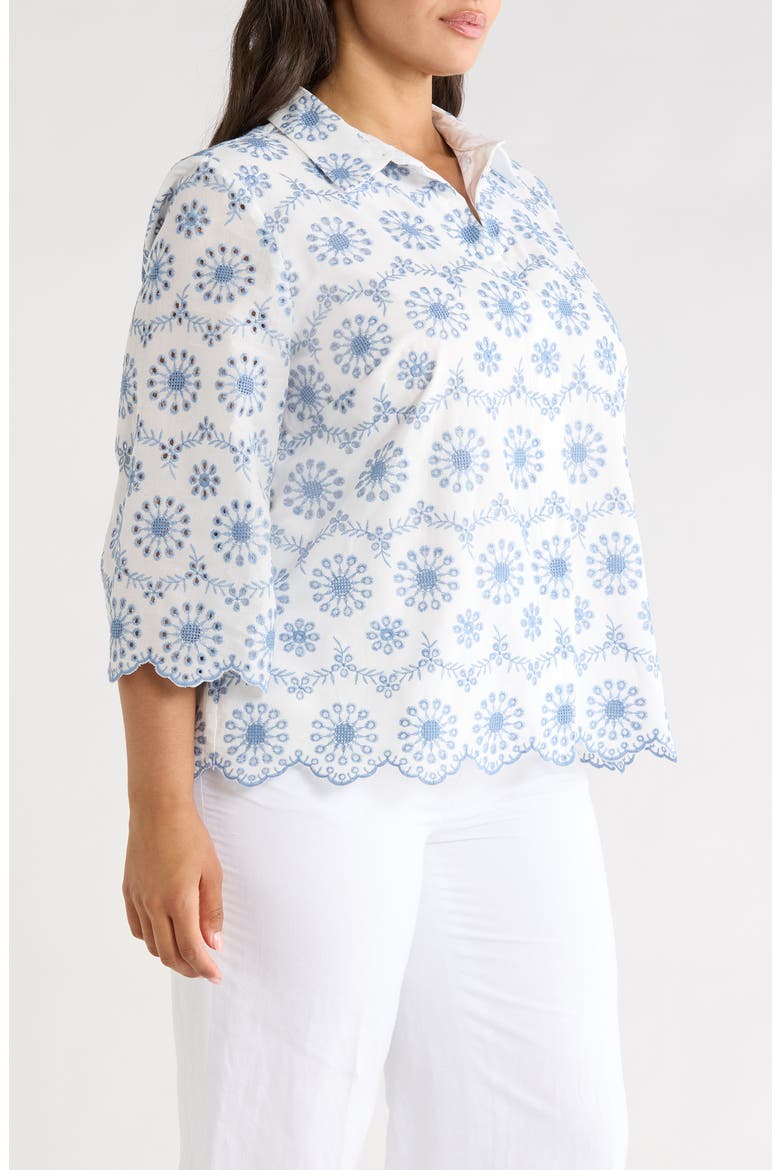 Scallop Eyelet Button Up Shirt, Alternate, color, CRISP WHITE/LAGOON