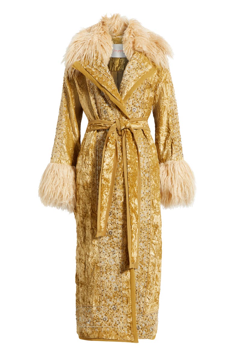 Pyre Embellished Faux Fur Detail Crushed Velvet Jacket, Alternate, color, GOLD COMBO