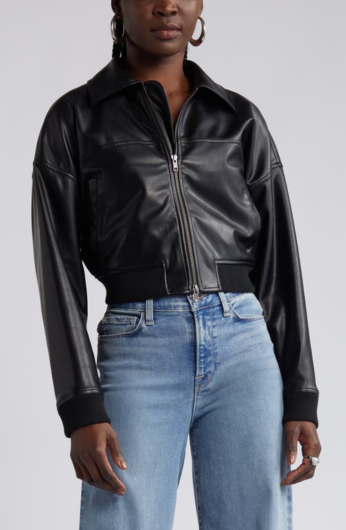 Open Edit Faux Leather Crop Bomber Jacket In Black