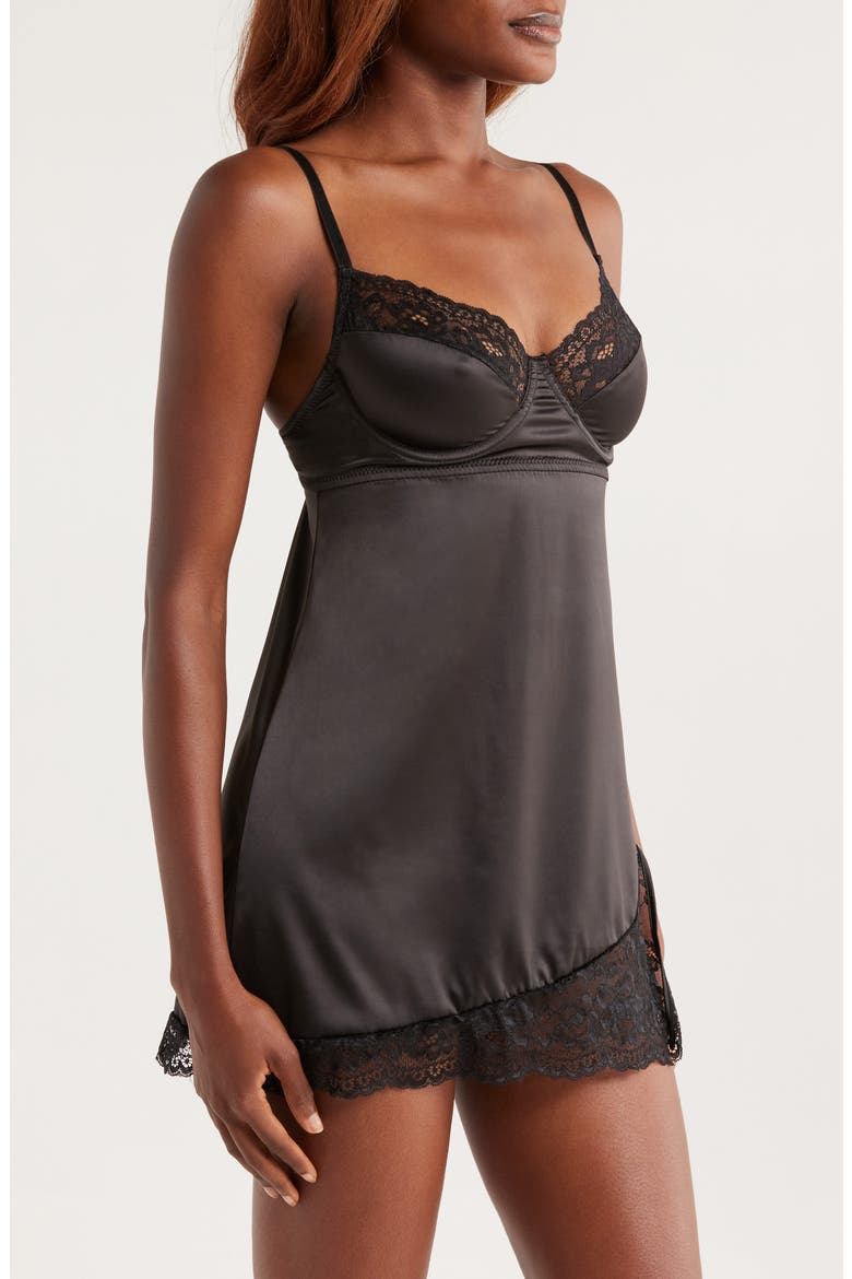 Ever After Stretch Satin Chemise, Alternate, color, BLACK