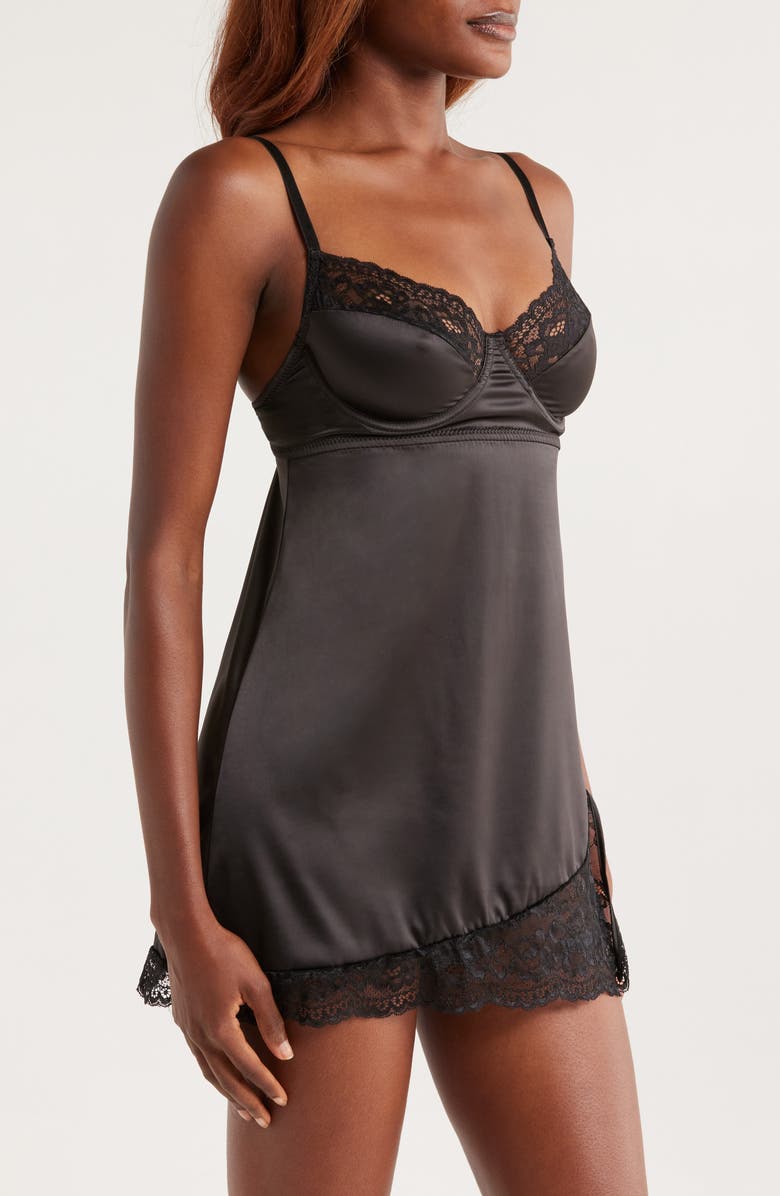 Coquette Ever After Stretch Satin Chemise, Alternate, color, Black