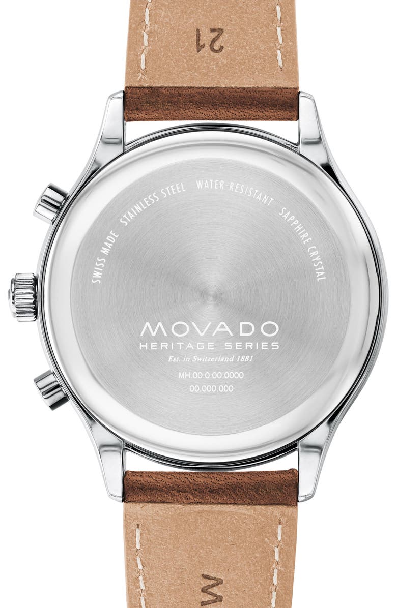Movado 'Heritage' Chronograph Leather Strap Watch, 43mm, Alternate, color, Brown/ White