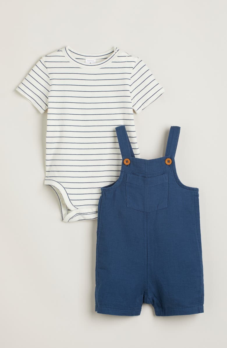 Nordstrom Cotton Bodysuit & Shortalls Set, Main, color, Navy Denim Stripe- Navy Denim