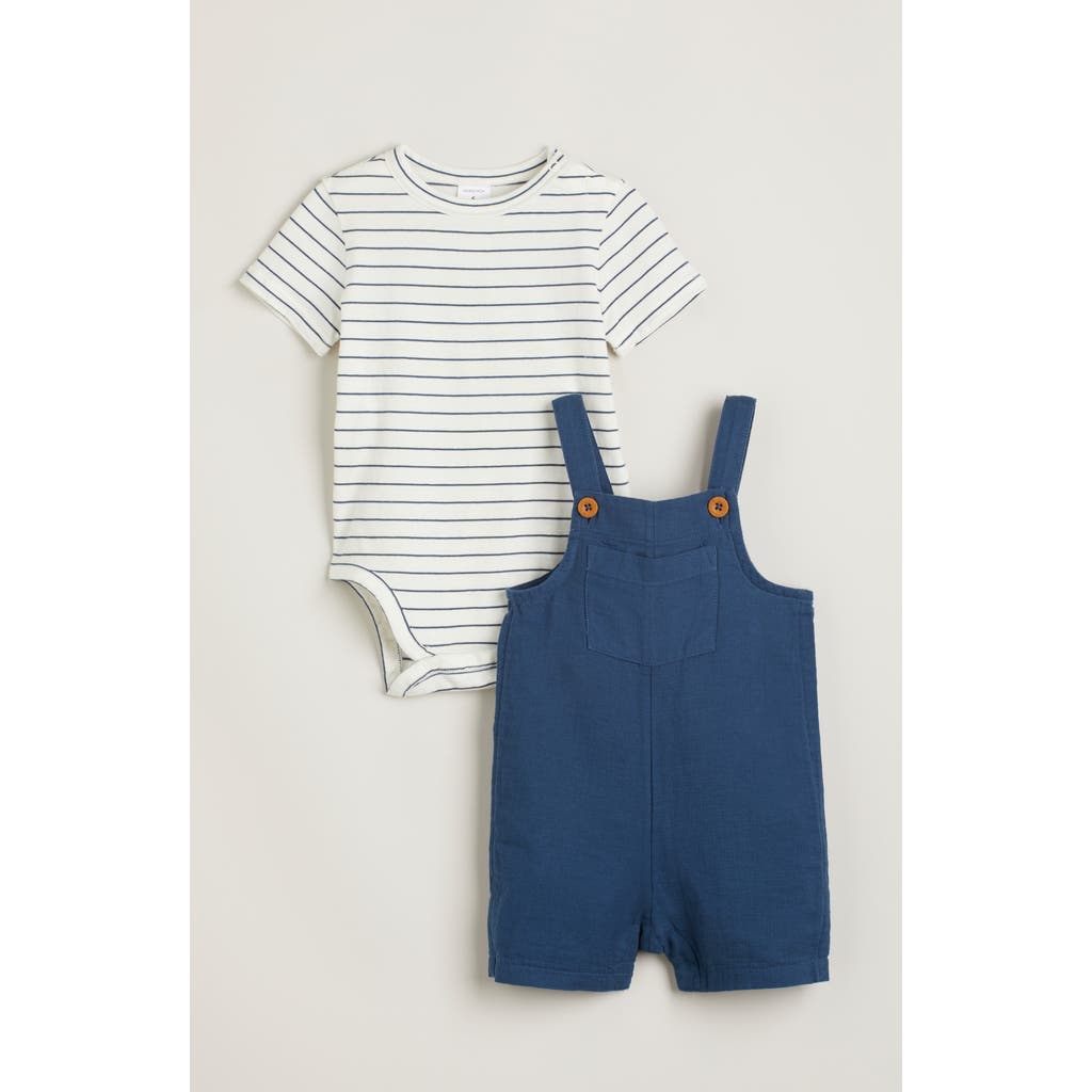 Nordstrom Cotton Bodysuit & Shortalls Set In Navy Denim Stripe- Navy Denim